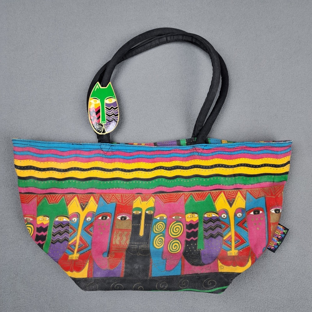 Laurel Burch CATS Bag Large Multicolor Wooden Charm Inner Pocket AOP Cats Canvas